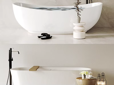 Minimalist Modern Freestanding White Bathtub Interior With Plant Vase Slippers And Wooden Tray 3d model