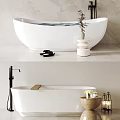 Minimalist Modern Freestanding White Bathtub Interior With Plant Vase Slippers And Wooden Tray