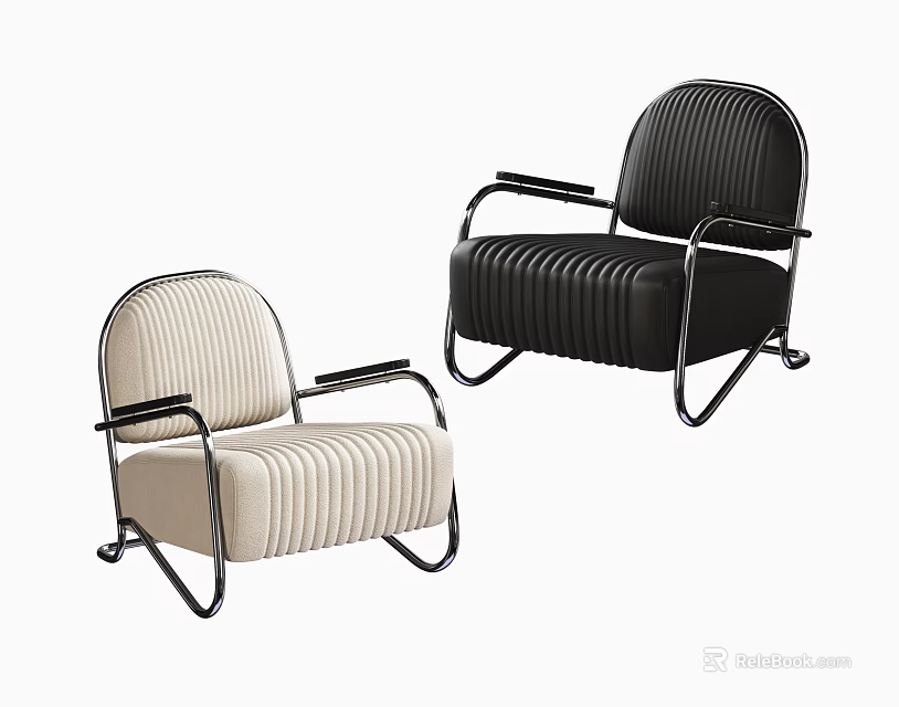 Modern Single Sofa with Beige and Black Striped Seat and Metal Frame 3d model 