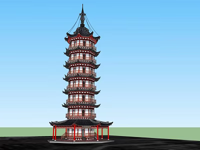 Traditional Chinese Multi Story Pagoda With Red Columns Black Roof Against Blue Sky Green Ground 3d model