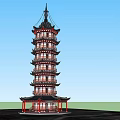 Traditional Chinese Multi Story Pagoda With Red Columns Black Roof Against Blue Sky Green Ground