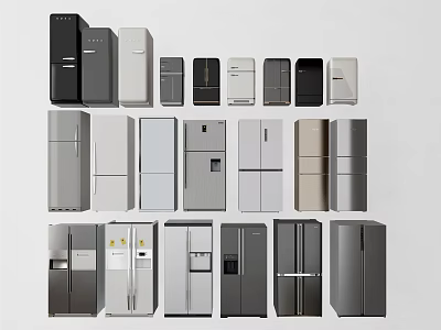 Various Modern Refrigerators And Freezers With Sleek Designs And Different Styles 3d model