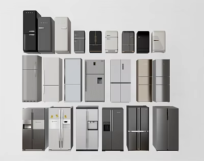 Various Modern Refrigerators And Freezers With Sleek Designs And Different Styles 3d model