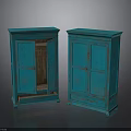 Vintage Blue Wooden Cabinets with Double Doors and One Open Door