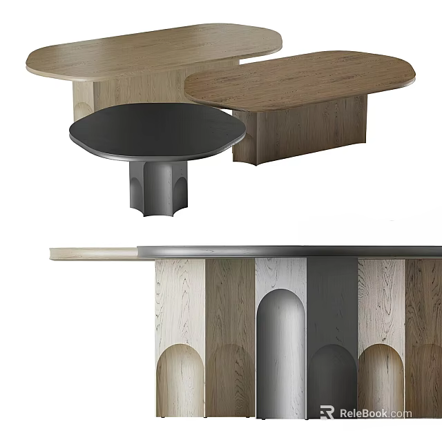 Modern Office Desk With Wooden Oval Top Black Surface And Arched Metal Structure 3d model 