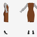 Elegant Brown Dress With White Lace Sleeves And Side Slit Design With Black High Heels