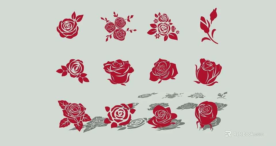 Elegant Red Rose Decorative Ornament Set with Various Flower Patterns and Water Wave Elements 3d model