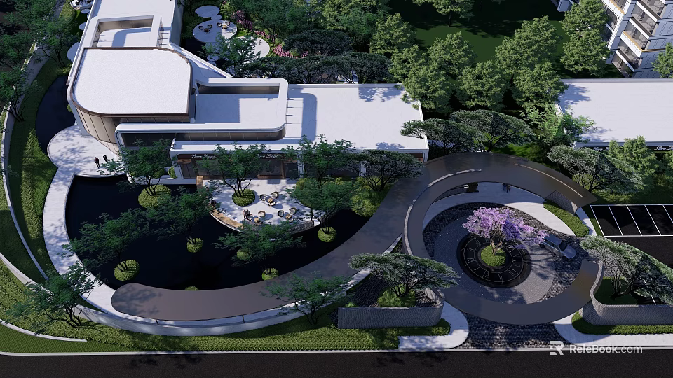 Modern Garden Landscape Design Featuring Curved Pathways Lush Greenery And Pavilion 3d model 