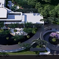 Modern Garden Landscape Design Featuring Curved Pathways Lush Greenery And Pavilion