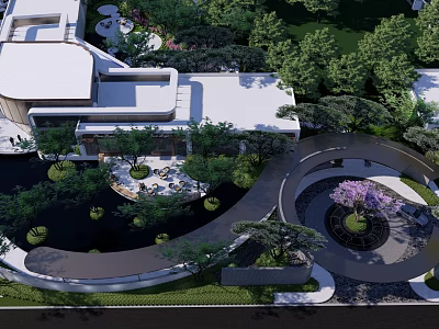 Modern Garden Landscape Design Featuring Curved Pathways Lush Greenery And Pavilion 3d model