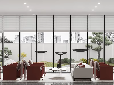 Modern Lounge Area Interior With Comfortable Sofas Large Windows City View And Green Plants 3d model