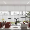 Modern Lounge Area Interior With Comfortable Sofas Large Windows City View And Green Plants 3d model
