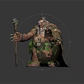 Elderly Bearded Game and Movie Character With Wooden Staff Grass Skirt on Green Crystal Platform