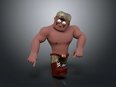 Cartoon Muscular Man Character With Camouflage Hat No Shirt Shorts And Boots 3d model