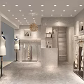 Modern Clothing Store Interior With Garment Racks Display Shelves Chandelier Potted Plant And Marble Walls