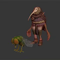 Game Movie Character With Tall Humanoid In Purple Robe Long Nose And Small Green Yellow Insect