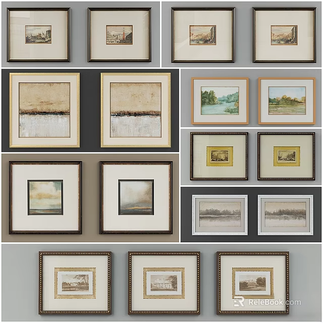 Various Decorative Picture Frames With Wooden Borders And Framed Artworks 3d model