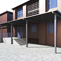 Modern Metal Striped Canopy Installed On Building Exterior With Supporting Frames And Paved Ground