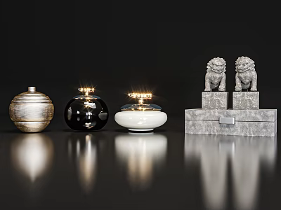 Modern Decorative Ornament Set with Textured Spherical Illuminated Stone Lion Figurines and Gray Boxes 3d model