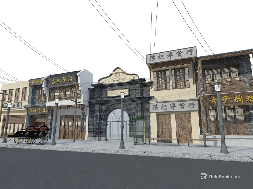 Historic Chinese Commercial Street With Traditional Architecture Shop Signs And Rickshaw 3d model 