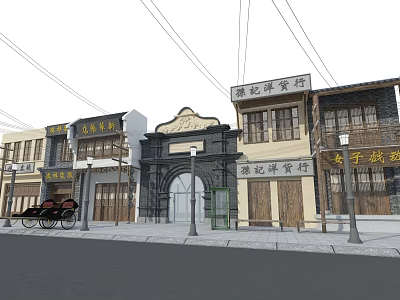 Historic Chinese Commercial Street With Traditional Architecture Shop Signs And Rickshaw 3d model