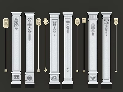 White Columns With Various Designs Golden Decorations And Detailed Carved Patterns 3d model