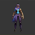 Game Character Design With Purple Pants Blue Top Scarf Headpiece And Utility Belt