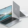 Silver Apple Laptops One Open with Screen Showing Landscape Icons and One Closed with Logo