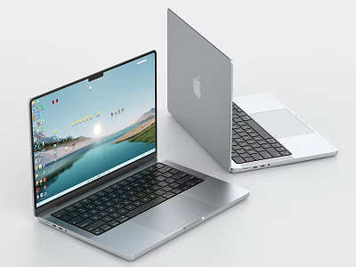 Silver Apple Laptops One Open with Screen Showing Landscape Icons and One Closed with Logo 3d model