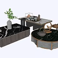 Elegant Coffee Tables With Marble Tops Wooden Frames And Decorative Tea Sets 3d model