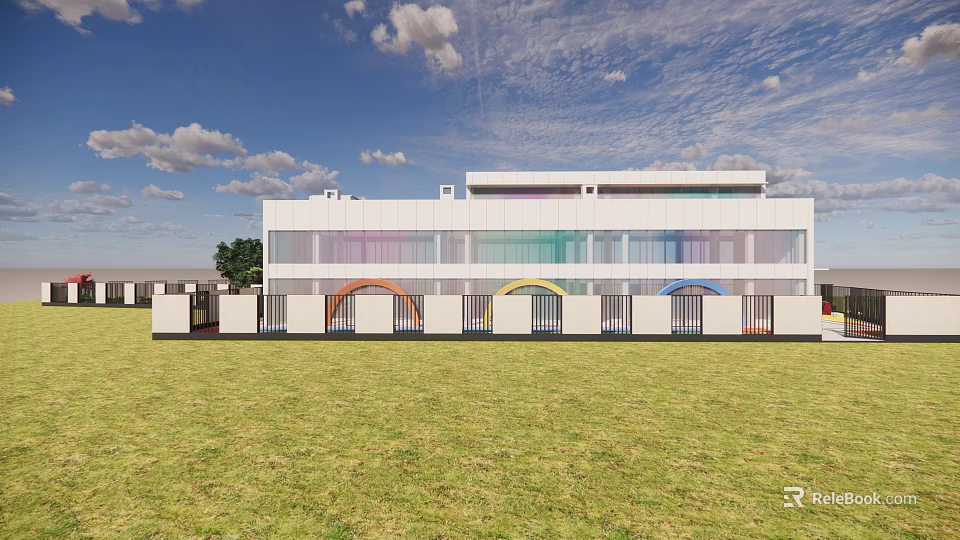 Modern Kindergarten Building With Colorful Arched Doors And Green Grass Lawn 3d model 