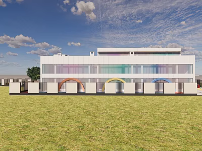 Modern Kindergarten Building With Colorful Arched Doors And Green Grass Lawn 3d model