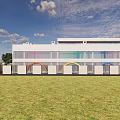 Modern Kindergarten Building With Colorful Arched Doors And Green Grass Lawn