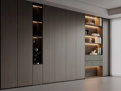 Modern Gray Wooden Bookcase Interior Design With Built-in LED Lighting And Decorative Books Ornaments 3d model