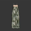 Elegant Spaghetti Strap Long Dress With Pink Top And Green Leaf Print