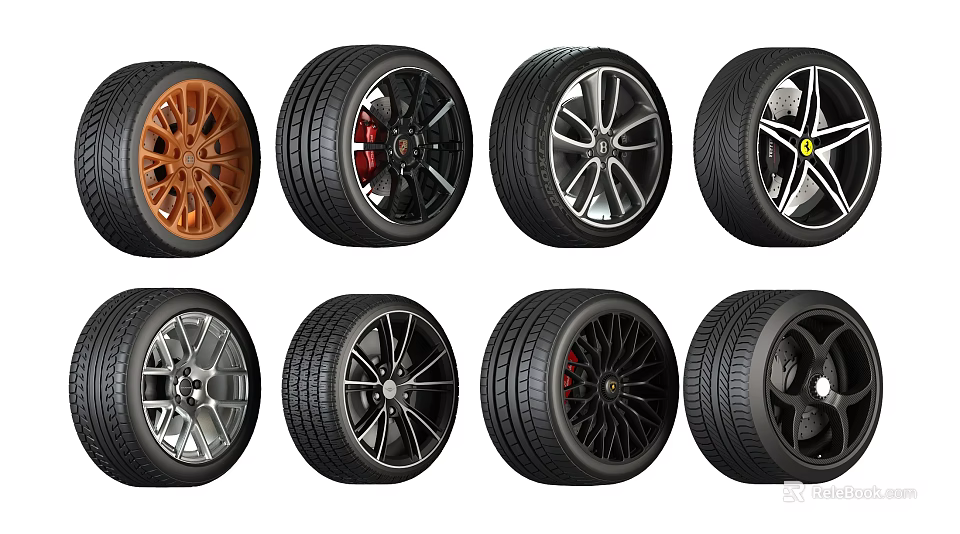 Different Car Tires Showcasing Various Wheel Rim Designs And Color Choices 3d model 