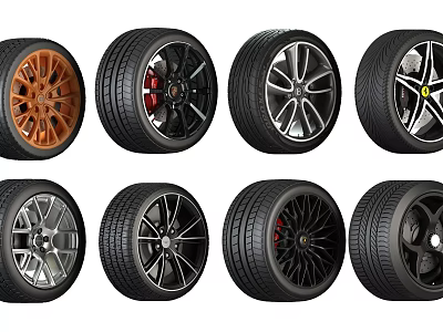 Different Car Tires Showcasing Various Wheel Rim Designs And Color Choices 3d model