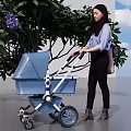 Woman Pushing Blue Stroller Beside Purple Flowering Tree Under Blue Sky With White Clouds