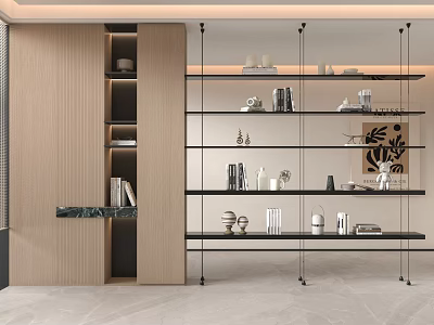 Modern Wooden and Glass Bookcase Design with Open Layers Books and Decorations 3d model