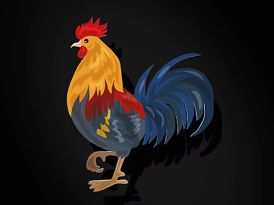 Vibrant Colorful Rooster with Red Comb Yellow Body and Blue Tail on Black Background 3d model