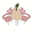 Stylish Bar Counter With Wooden Tabletop Pink Cushioned Chairs And Green Plant
