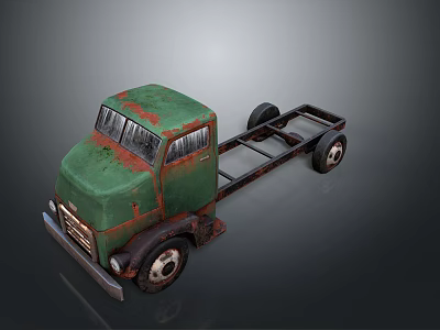 Old Green Rusty Truck Chassis With Cab Frame And Wheels 3d model