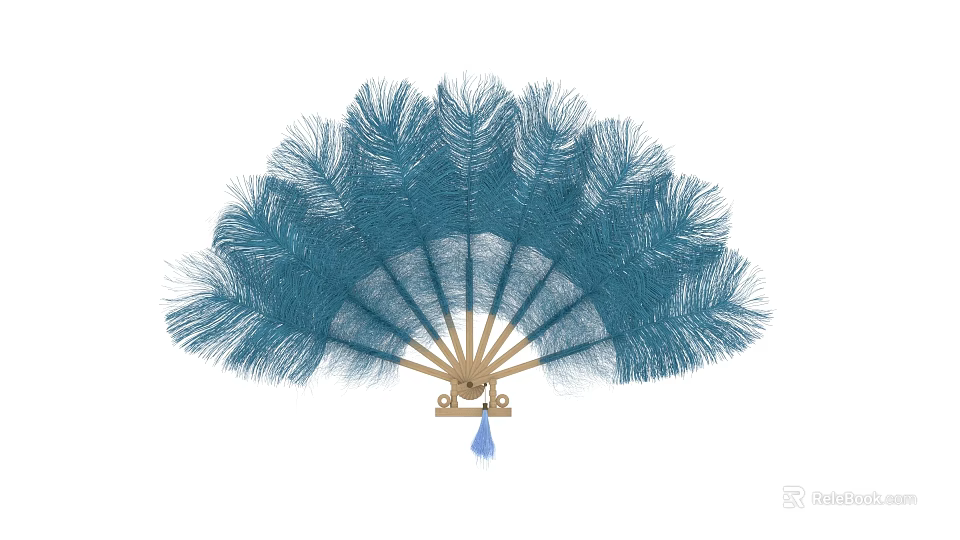 Blue Feather Fan Shaped Hanging Decoration with Golden Frame and Blue Tassel Ornament 3d model 