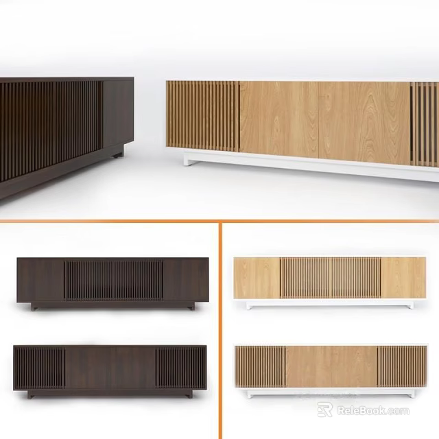 Modern TV Stand Design With Wooden Vertical Slats And Dark Light Wood Finishes 3d model 