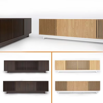 Modern TV Stand Design With Wooden Vertical Slats And Dark Light Wood Finishes 3d model