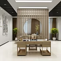 Traditional Leisure Area With Wooden Tables Calligraphy Paintings And Potted Plants