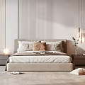 Modern Double Bed In Minimalist Bedroom With Striped Wall Bedside Tables And Pendant Lights