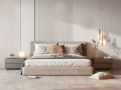 Modern Double Bed In Minimalist Bedroom With Striped Wall Bedside Tables And Pendant Lights 3d model