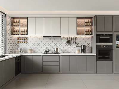 Modern Minimalist Kitchen Interior With Grey Cabinets White Countertops Patterned Tile Backsplash And Built-in Appliances 3d model
