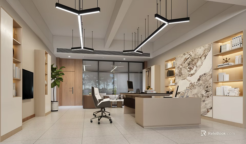 Modern Office Interior Design With Hanging Lights Desk Chair Bookshelves And Plants 3d model 
